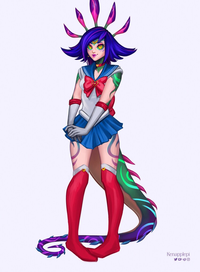 1girl absurdres artist_name bare_shoulders barefoot blue_hair blue_sailor_collar blue_skirt boots bow bowtie collarbone colored_skin cosplay english_text flipped_hair green_skin grey_background highres kenapplepi league_of_legends multicolored_hair navel neeko_(league_of_legends) own_hands_together pink_hair pink_skin pleated_skirt purple_skin red_boots red_bow red_bowtie sailor_collar sailor_moon sailor_moon_(cosplay) shirt simple_background skirt slit_pupils smile solo stomach thigh_boots two-tone_hair white_shirt yellow_eyes