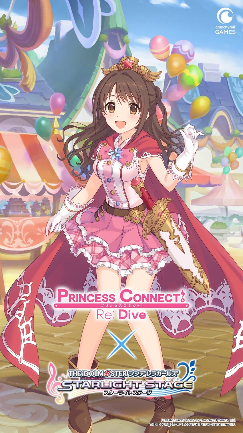 1girl belt breasts brown_eyes brown_hair commentary crossover dress english_commentary english_text frilled_dress frills full_body gloves hair_ornament highres idolmaster idolmaster_cinderella_girls official_art open_mouth outdoors pink_dress princess_connect! ribbon shimamura_uzuki skirt standing tongue white_gloves