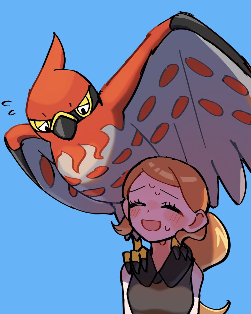 1girl animal animal_on_shoulder bird bird_on_shoulder black_shirt blue_background brown_hair gen_6_pokemon highres long_hair nintendo pitorigoto pokemon pokemon_(creature) ponytail shirt simple_background sleeveless sleeveless_shirt solo talonflame