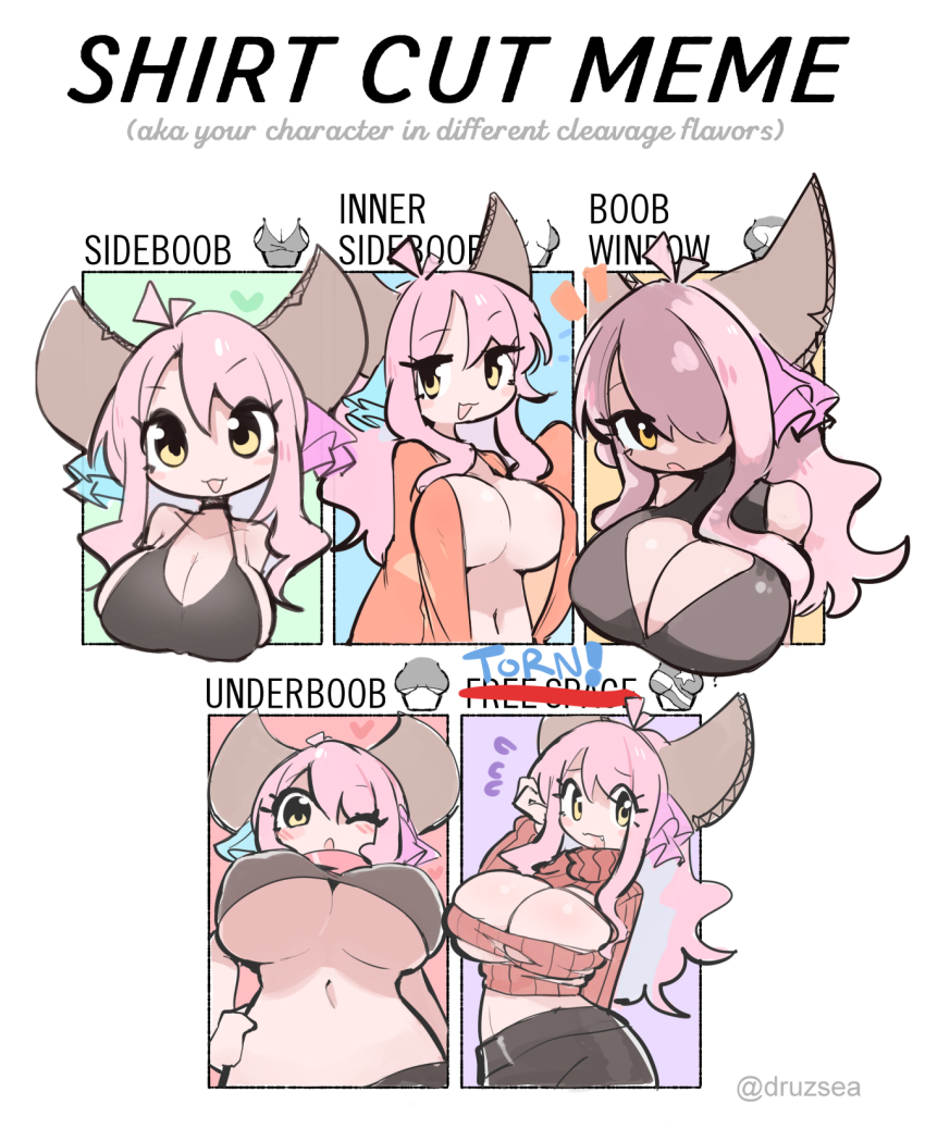 1girl :3 :d animal_ears bikini bikini_top_only blush breasts ceroro character_request cleavage cleavage_cutout clothing_cutout colored_skin commentary copyright_request covered_erect_nipples english_text fang flying_sweatdrops hair_over_one_eye heart highres large_breasts long_hair looking_at_viewer meme meme_attire monster_girl multiple_drawing_challenge multiple_views navel notice_lines one_eye_closed one_eye_covered open-chest_sweater open_mouth pink_hair pink_skin red_sweater shirt_cut_meme sideboob smile sweater swimsuit torn_clothes torn_sweater turtleneck turtleneck_sweater underboob yellow_eyes