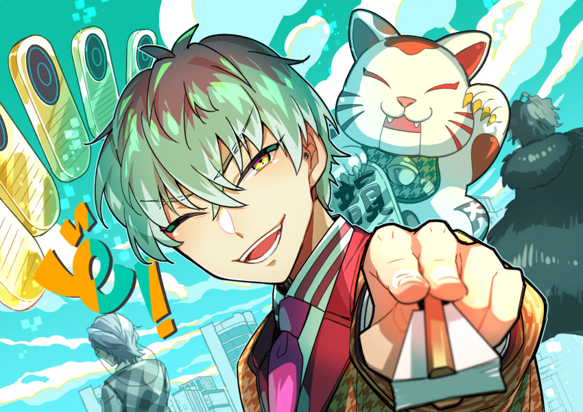 3boys :d amayado_rei aqua_hair argyle_clothes argyle_sweater_vest black_coat black_hair blue_outline blue_sky blurry cloud cloudy_sky coat coin collared_shirt contrast_collar crossed_bangs depth_of_field dog_bow_wow dotsuitare_hompo ear_piercing earrings eyewear_strap folded_fan folding_fan fur_coat gold hair_between_eyes hand_fan highres holding holding_fan houndstooth hypnosis_mic jacket jewelry koban_(gold) light_blush long_sleeves looking_at_viewer male_focus maneki-neko multicolored_hair multiple_boys necktie nurude_sasara one_eye_closed open_mouth orange_suit outline outstretched_arm piercing pink_necktie pointing pointing_at_viewer portrait shirt short_hair sky skyline smile solo_focus stud_earrings suit_jacket sweater_vest teeth tsutsujimori_rosho unusually_open_eyes v-shaped_eyebrows white_shirt wind wind_lift wispy_bangs yellow_eyes