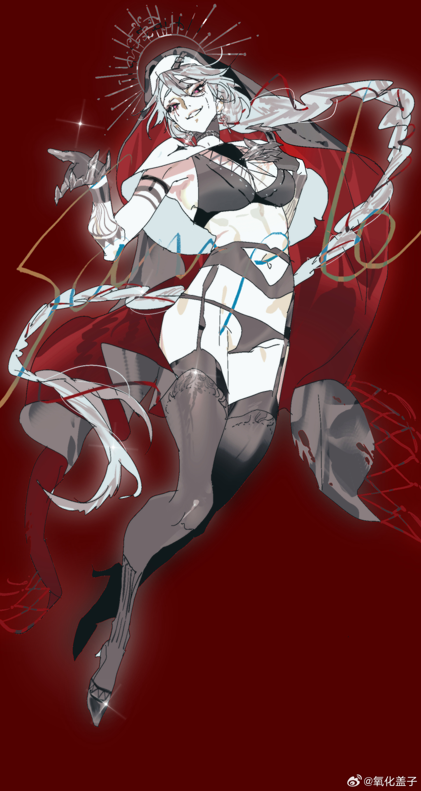1girl absurdres armlet bikini black_bikini black_gloves black_shoes black_thighhighs black_veil braid breasts capelet chinese_commentary coin collared_capelet commentary_request commission eyelashes fishnets floating_clothes floating_hair full_body gloves hair_between_eyes high_heels highres jewelry liquid_from_eyes long_hair looking_at_viewer medium_breasts nun offering_hand open_mouth original outstretched_hand pale_skin pink_eyes red_background red_veil ribbed_bikini ribbed_thighhighs sample_watermark scar scar_on_hand shoes simple_background single_braid smirk solo stiletto_heels striped_clothes swimsuit teeth thighhighs two-sided_veil veil vertical-striped_clothes very_long_hair watermark weibo_watermark white_arm_warmers white_capelet white_hair yanghua_gaizi