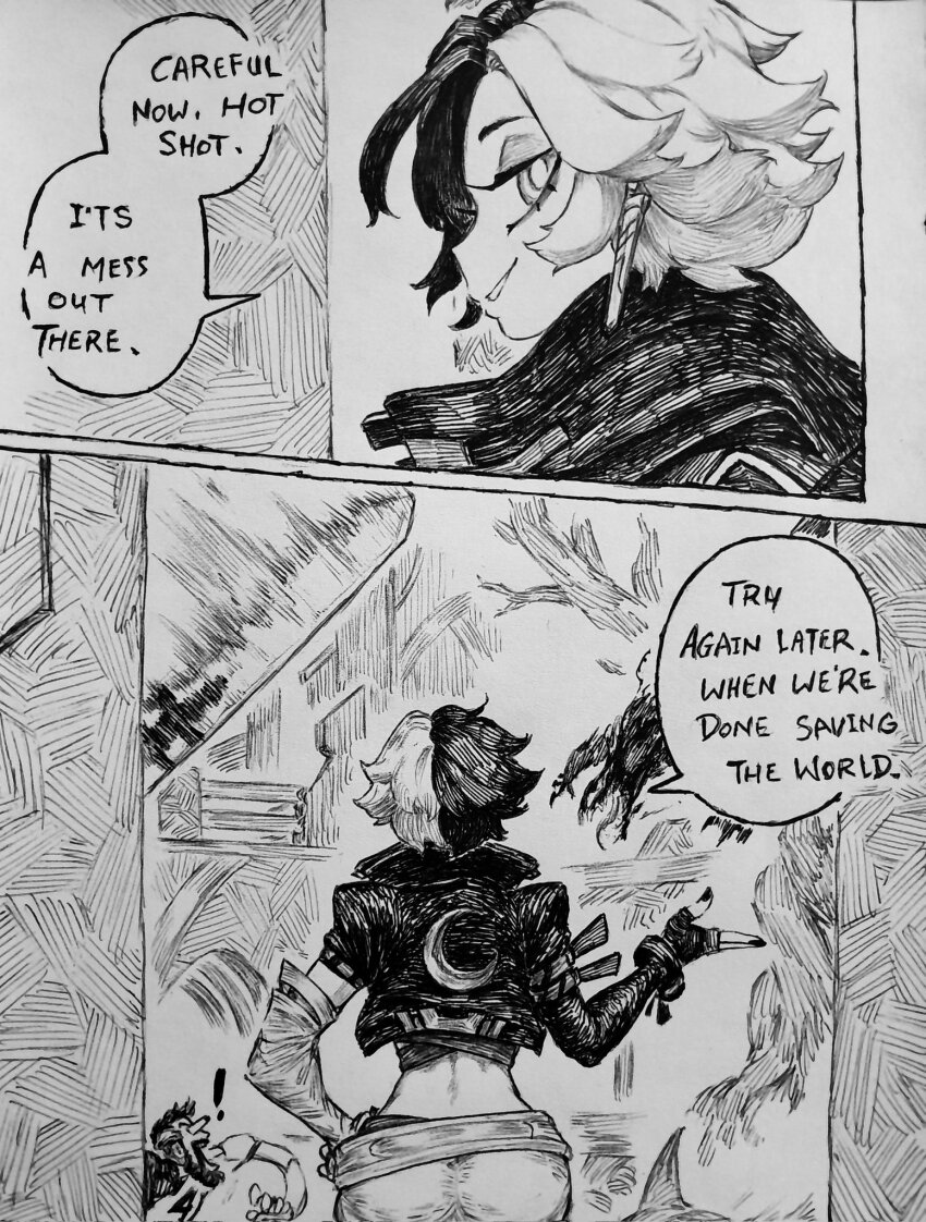 1girl ass black_hair choker chronozbergh crop_top fantastic_four fingerless_gloves gloves highres jacket jeff_(marvel) looking_at_viewer luna_snow magik_(x-men) marvel marvel_rivals multicolored_hair navel reed_richards short_hair shorts smile spider-man_(series) split-color_hair two-tone_hair venom_(marvel) white_hair x-men