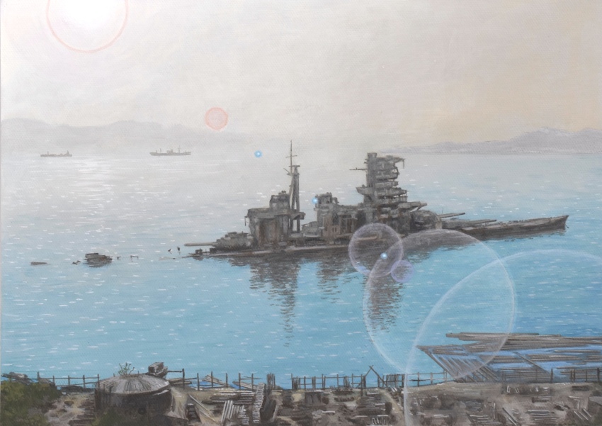 absurdres atelier_bono battleship cannon haruna_(battleship) highres imperial_japanese_navy military_vehicle no_humans ocean original painting_(medium) port ruins ship ship_turret shipwreck sky sun_glare traditional_media vehicle_focus warship watercolor_(medium) watercraft world_war_ii