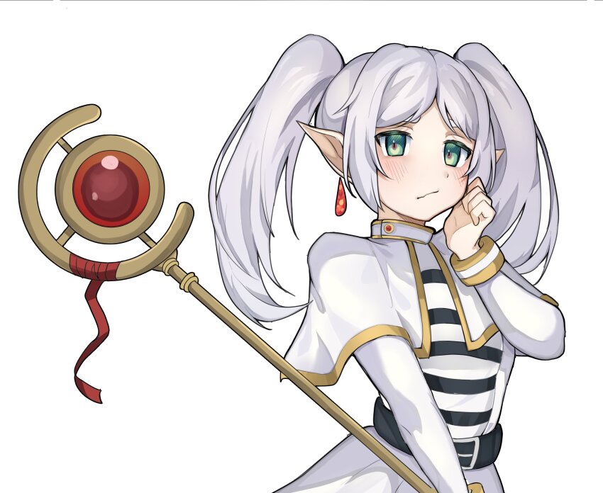 1girl belt belt_buckle black_belt buckle capelet closed_mouth commentary dress earrings elf english_commentary floating_earrings frieren green_eyes grey_hair hand_up highres holding holding_staff jewelry leiden_yaegore long_hair long_sleeves looking_ahead mage_staff parted_bangs pointy_ears simple_background solo sousou_no_frieren staff striped_clothes striped_dress teardrop_earrings thinking twintails upper_body white_background white_capelet white_dress