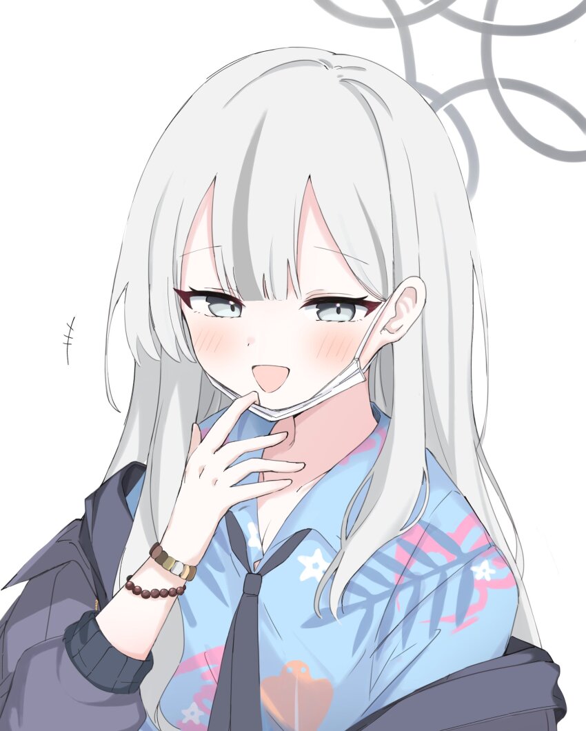 +++ 1girl :d absurdres bead_bracelet beads black_jacket black_necktie blue_archive blue_shirt blunt_bangs blush bracelet collared_shirt commentary eyelashes grey_eyes grey_hair grey_halo hair_behind_ear halo hand_up happy hawaiian_shirt highres jacket jewelry konoka_(blue_archive) long_hair looking_at_viewer mask mask_pull mouth_mask necktie open_clothes open_jacket open_mouth preste shirt simple_background smile solo straight_hair upper_body white_background