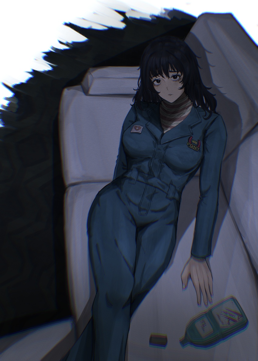 1girl absurdres anya_(mouthwashing) black_eyes black_hair blue_jumpsuit chromatic_aberration commentary couch english_commentary heart highres horseshoe_print jumpsuit long_hair long_sleeves mouthwash mouthwashing on_couch plus_sign sif221 solo