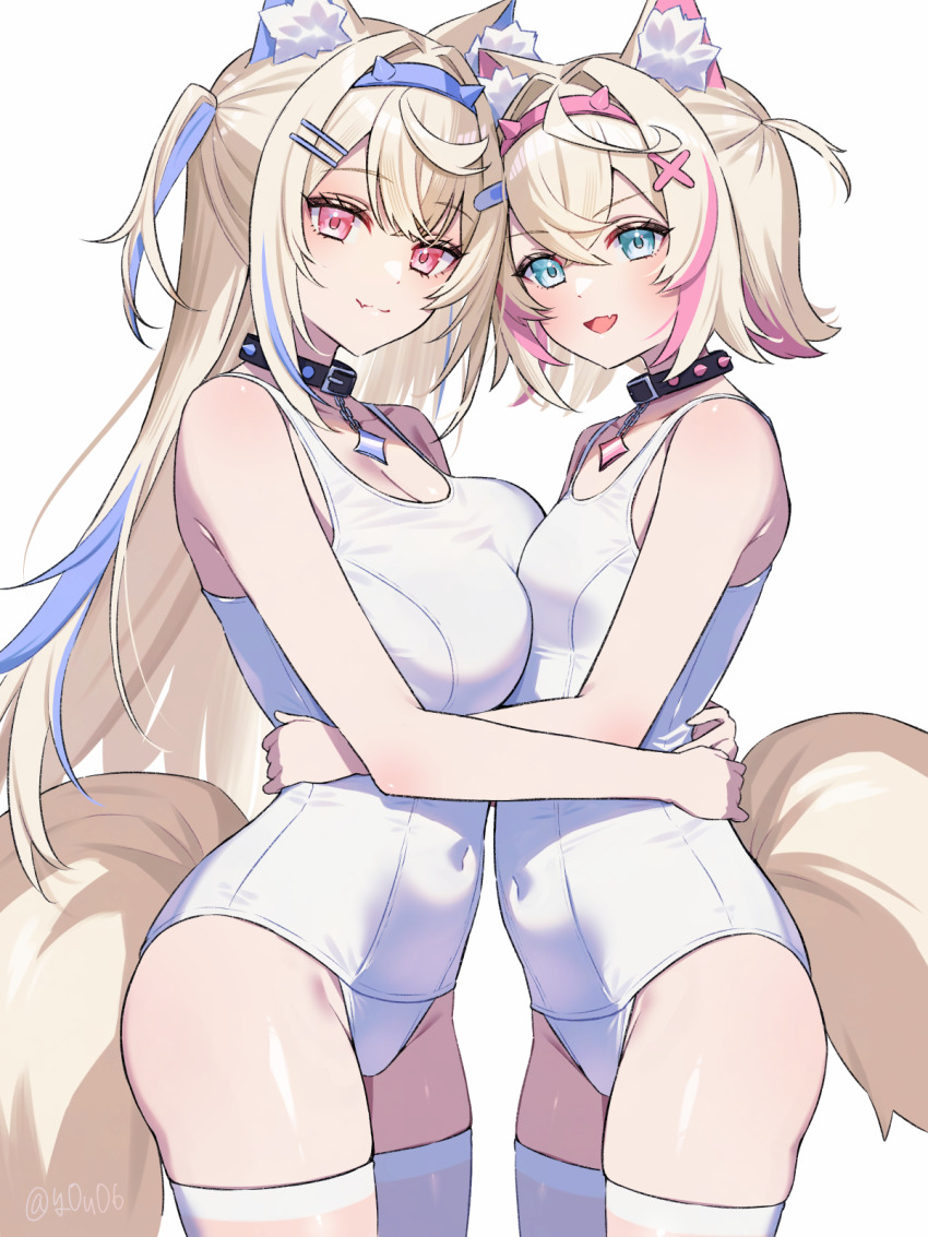 2girls :d animal_collar animal_ear_fluff animal_ears arms_around_waist asymmetrical_docking bandaid bandaid_hair_ornament black_collar blonde_hair blue_eyes blue_hair blue_hairband breast_press breasts cleavage closed_mouth collar covered_navel crossed_bangs dog_ears dog_girl dog_tail double-parted_bangs fang fuwawa_abyssgard hair_between_eyes hair_intakes hair_ornament hairband hairclip highres hololive hololive_english horn_hairband large_breasts long_hair looking_at_viewer mococo_abyssgard multicolored_hair multiple_girls one-piece_swimsuit open_mouth pink_eyes pink_hair pink_hairband school_swimsuit short_hair siblings simple_background sisters skin_fang small_breasts smile spiked_collar spikes streaked_hair swimsuit tail thighhighs twins two_side_up virtual_youtuber white_background white_one-piece_swimsuit white_thighhighs x_hair_ornament you06