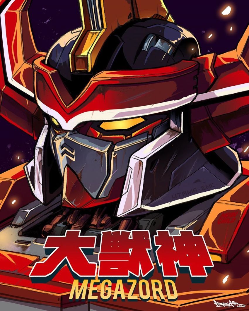 character_name close-up commentary daijuujin daizyuzin dino_megazord english_commentary freakyfir gundam highres kyouryuu_sentai_zyuranger looking_ahead mecha mighty_morphin_power_rangers no_humans power_rangers robot signature solo super_robot super_sentai tokusatsu yellow_eyes