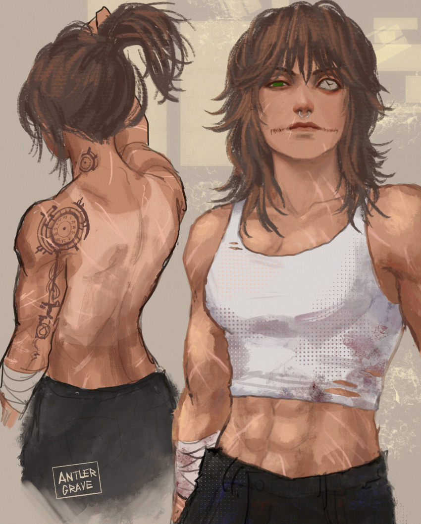 1girl adjusting_hair antlergrave arm_tattoo artist_name back bandaged_arm bandages black_pants breasts brown_hair clock clockwork_(creepypasta) closed_mouth collarbone commentary creepypasta english_commentary facial_scar from_behind glasgow_smile green_eyes grey_background halftone highres medium_hair multiple_views neck_tattoo nose_piercing pants piercing realistic scar scar_on_arm scar_on_cheek scar_on_face scar_on_neck scar_on_stomach simple_background small_breasts stitched_mouth stitches tan tank_top tanline tattoo toned toned_female topless_female upper_body white_tank_top