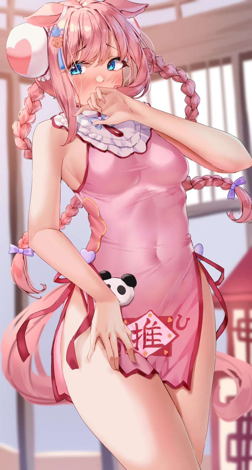 1girl agnes_digital_(umamusume) animal_ears blue_eyes blush braid breasts china_dress chinese_clothes commentary_request covered_navel double_bun dress hair_bun highres horse_ears horse_girl horse_tail indoors long_hair looking_to_the_side medium_breasts pink_dress pink_hair sleeveless sleeveless_dress solo standing tabunshake tail thighs umamusume