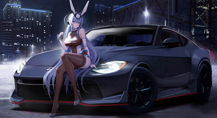 1girl :3 absurdly_long_hair absurdres arm_support azur_lane bare_shoulders blue_eyes blue_hair bodystocking breasts building car cleavage closed_mouth commentary commission covered_navel crossed_bangs dress elbow_gloves full_body gloves hair_between_eyes hair_intakes headgear high_heels highres kcar66t lamppost large_breasts location_request long_hair looking_at_viewer motor_vehicle new_jersey_(azur_lane) night nissan nissan_fairlady_z nissan_z_(rz34) on_car outdoors real_world_location see-through_cleavage see-through_clothes shadow sidelocks sitting sitting_on_car skyscraper solo vehicle_request very_long_hair white_dress white_gloves