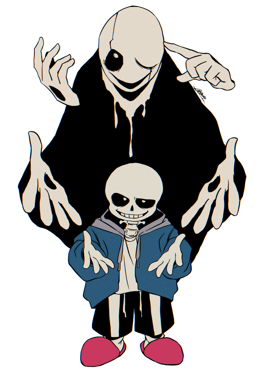 2boys absurdres black_shorts gloves grin highres hollow_eyes male_focus multiple_boys one_eye_closed open_mouth sakekuzu_no_ame sans_(undertale) shorts simple_background skeleton smile teeth twitter_username undertale w.d._gaster white_background white_gloves