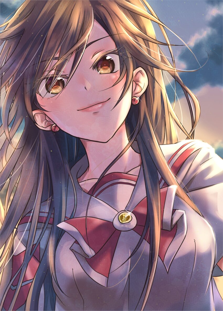 1girl akira_ferrari aria_(manga) blurry blurry_background bow bowtie breasts brown_eyes brown_hair closed_mouth cloud cloudy_sky collarbone depth_of_field earrings eyelashes hair_over_one_eye highres himeya_company_uniform jewelry long_hair looking_at_viewer medium_breasts nabana_yuna outdoors parted_bangs red_bow red_bowtie sailor_collar short_sleeves sky solo sparkle swept_bangs upper_body