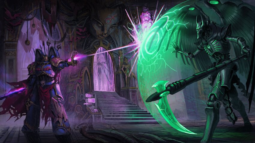 absurdres adeptus_astartes armor armored_boots bat_(animal) bat_wings blue_armor boots breastplate cable cape censer chaos_(warhammer) chaos_space_marine commentary commission couter cuirass dark_eldar dark_eldar eldar energy_barrier english_commentary firing flayed_skin full_body gauntlets glowing glowing_sword glowing_weapon greaves green_eyes haemonculi_(warhammer) headless_statue highres holding holding_scythe holding_sword holding_weapon horns inaqar-the-unbound indoors leg_armor looking_at_another malicos_the_twilight_devil marton_kapoli mechanical_tail mechanical_wings necron_overlord night_lords original palace pauldrons pelvic_curtain poleyn power_armor prisoner red_eyes rerebrace robot scythe shoulder_armor skull skull_ornament slaanesh slaanesh_(symbol) stairs statue sword tail torn_cape torn_clothes walking warhammer_40k weapon wings