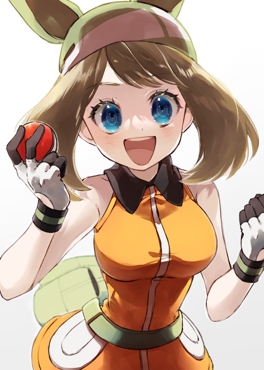 1girl bike_shorts bike_shorts_under_shorts blouse blue_eyes breasts brown_hair gloves heart heart-shaped_pupils highres may_(pokemon) may_(pokemon_emerald) medium_breasts medium_hair nintendo open_mouth orange_shirt poke_ball poke_ball_(basic) pokemon pokemon_emerald pokemon_rse sasairebun shirt shorts smile solo symbol-shaped_pupils two-tone_gloves