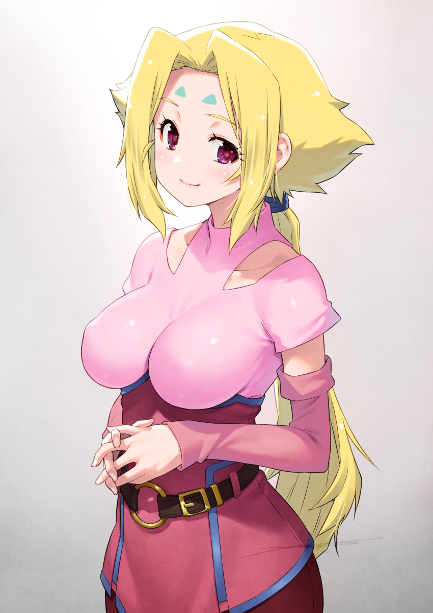 1girl absurdres belt blonde_hair blush breasts brown_belt closed_mouth collarbone detached_sleeves facial_mark fingernails fiona_(zoids) forehead_mark gradient_background grey_background highres kazuma_muramasa large_breasts long_hair looking_at_viewer pink_shirt pink_skirt ponytail red_eyes red_sleeves shirt simple_background skirt skirt_set smile solo zoids