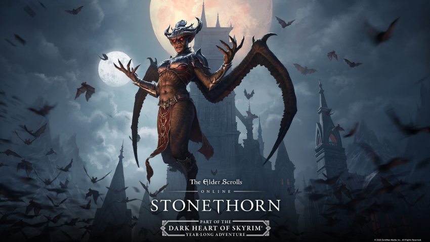 1boy absurdres architecture bat_(animal) copyright_name english_text full_moon gothic_architecture grey_sky highres looking_at_viewer monster moon multiple_moons night official_art red_eyes sky solid_eyes solo the_elder_scrolls the_elder_scrolls_online vampire_lord