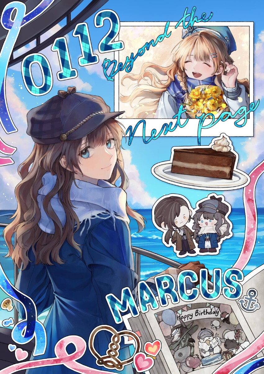 2girls animalization apple_(reverse:1999) balloon_party blue_coat blue_eyes blue_sky book brown_gloves brown_hair bsle cake cake_slice character_name chibi chibi_inset chocolate_cake closed_mouth cloud cloudy_sky coat dated day food from_side gloves greta_hofmann grey_hat happy_birthday hat highres hofmann_knot isolde_(reverse:1999) kakania_(reverse:1999) looking_at_viewer marcus_(reverse:1999) multiple_girls ocean open_book outdoors photo_(object) reverse:1999 sachertorte_(food) scarf sky smile solo_focus sotheby streamers upper_body wavy_hair white_scarf zima_(reverse:1999)