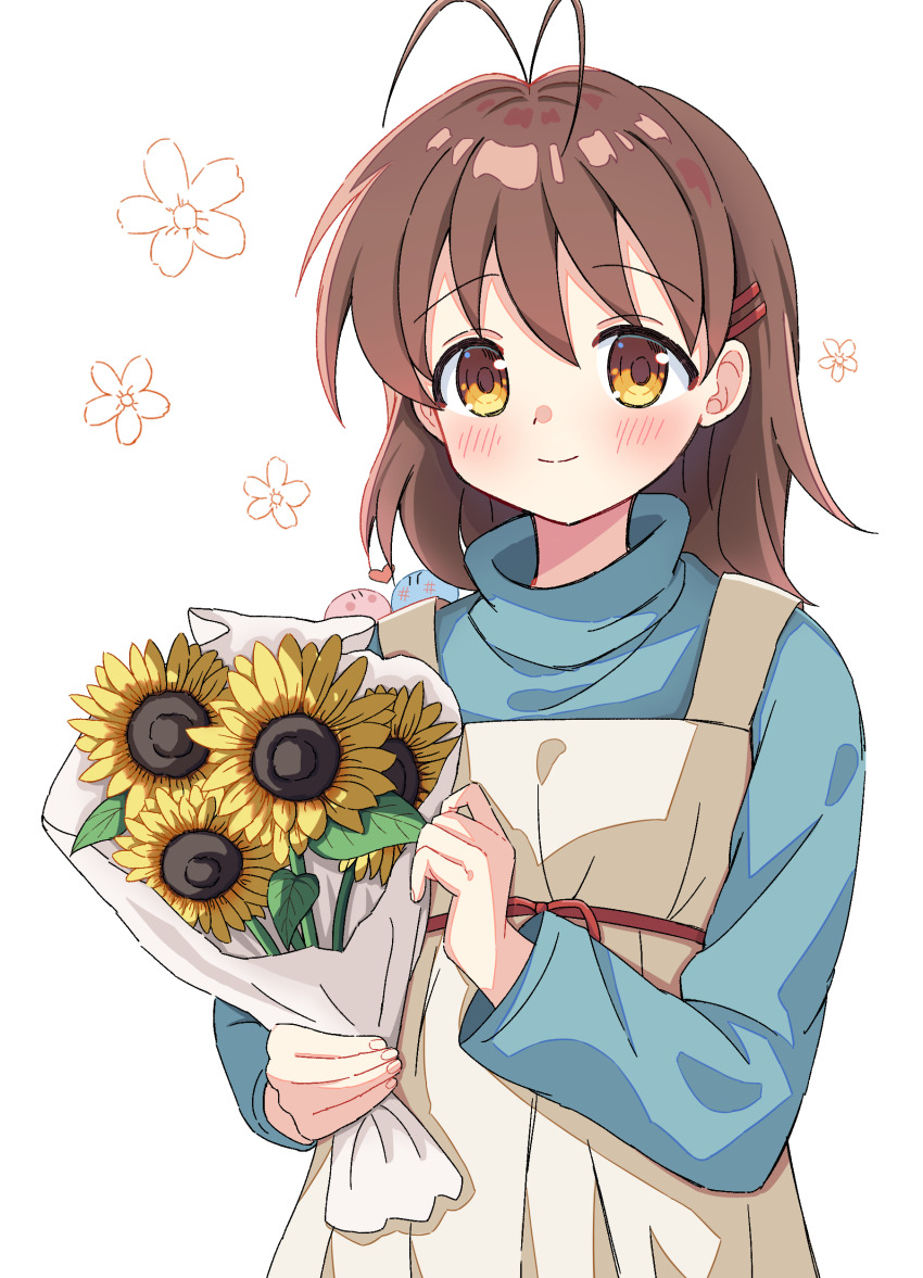 1girl absurdres antenna_hair apron blue_sweater blush bouquet brown_eyes brown_hair clannad commentary dango_daikazoku flower furukawa_nagisa hair_ornament hairclip heart highres holding holding_bouquet looking_at_viewer medium_hair setteiset smile solo sunflower sweater turtleneck turtleneck_sweater white_background
