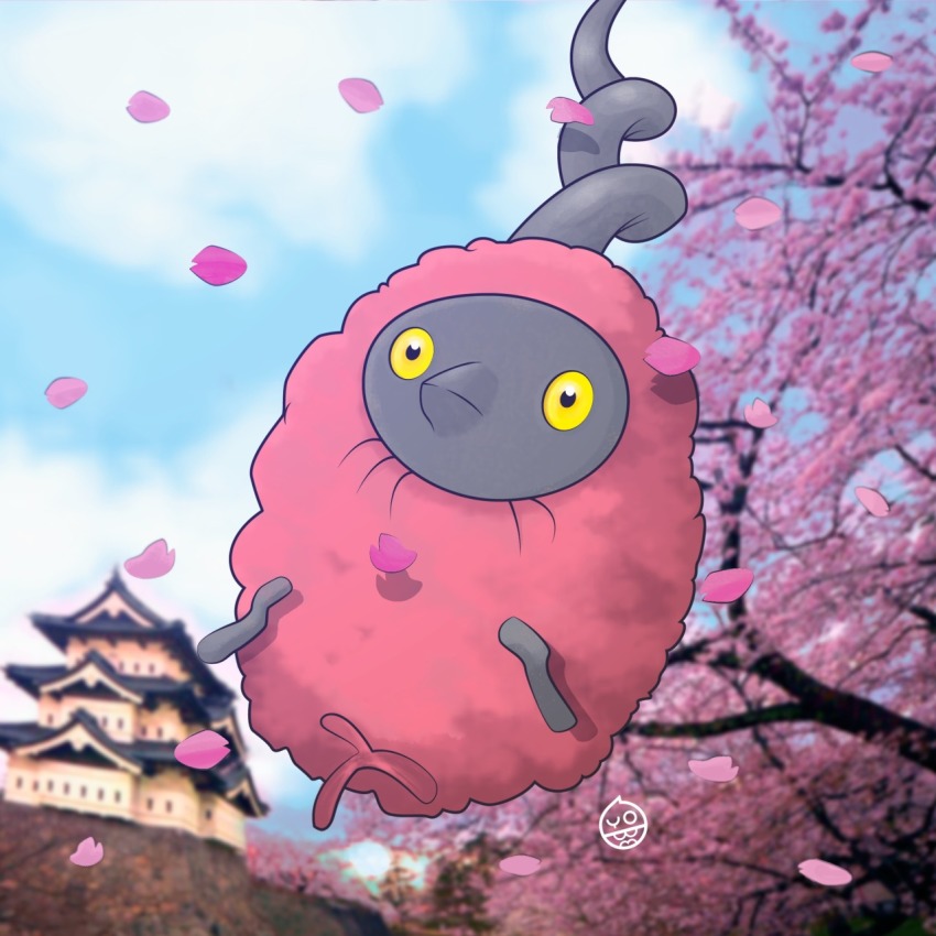 blue_sky building burmy burmy_(trash) cloud cloudy_sky commentary creature day english_commentary full_body gen_4_pokemon highres hisoyyob nintendo no_humans outdoors pokemon pokemon_(creature) sky solo tree