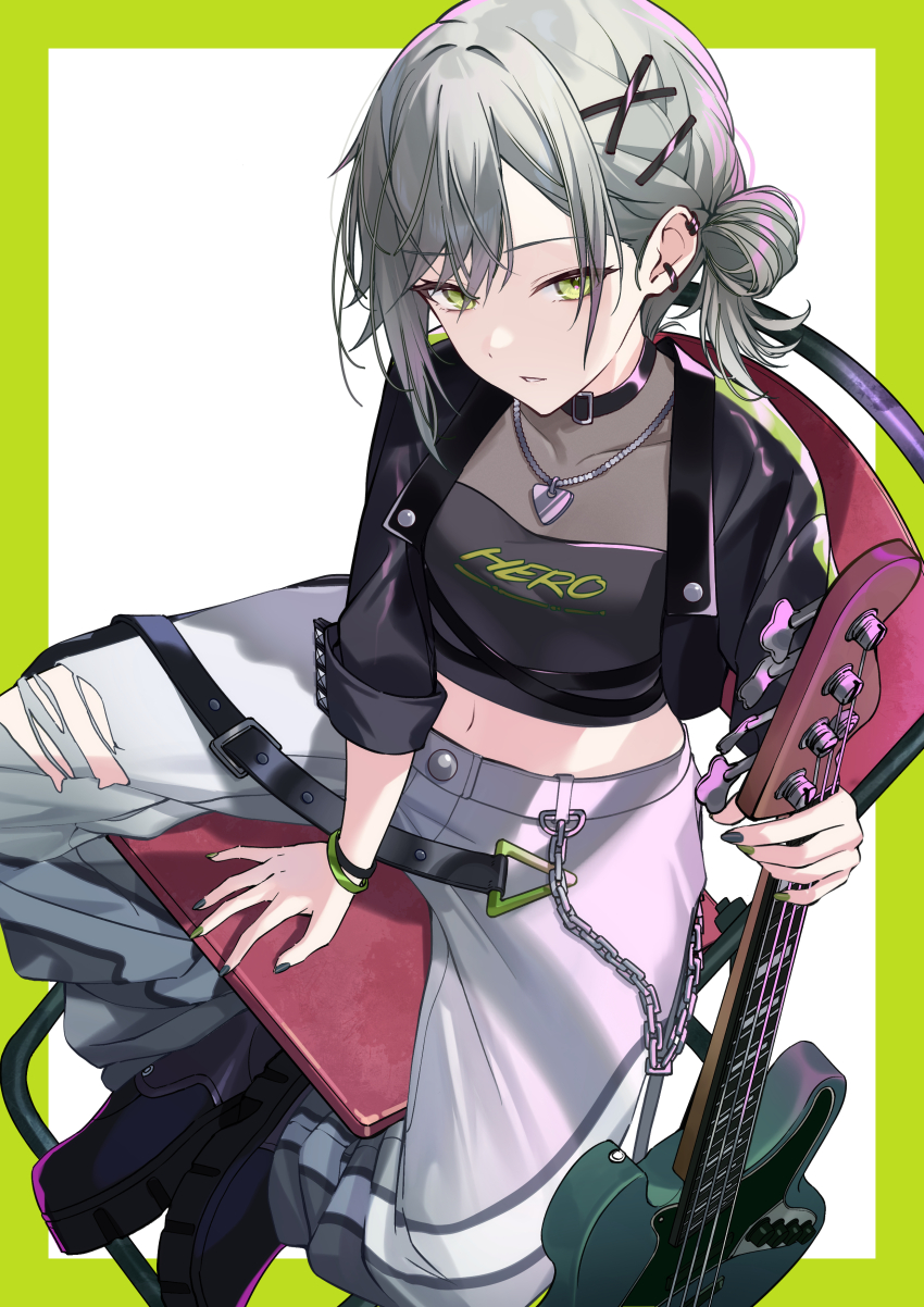 1girl absurdres between_legs black_choker black_jacket black_shirt black_shoes chain chair choker commentary_request covered_collarbone crop_top ear_piercing earrings electric_guitar green_eyes green_nails grey_hair guitar hair_rings hand_between_legs highres hinomori_shiho instrument jacket jewelry long_hair long_sleeves looking_at_viewer midriff nail_polish navel necklace open_clothes open_jacket pants parted_lips piercing project_sekai shirt shoes sitting solo stomach timmoo torn_clothes torn_pants two-tone_background white_pants wristband