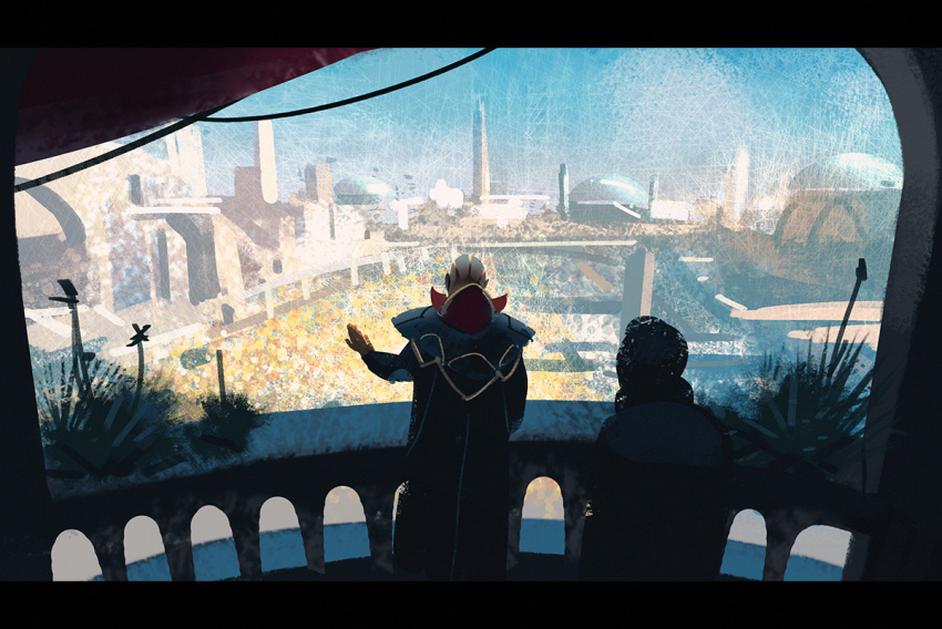 2boys arch balcony building cape city day dome fantasy from_behind hideyoshi_ruwwe multiple_boys original scenery shadow speedpaint sunlight