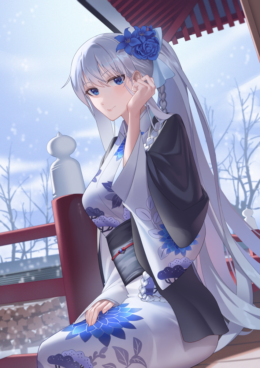 1girl absurdres black_kimono blue_eyes blue_flower bow braid fate/grand_order fate_(series) floral_print flower grey_hair grey_kimono hair_bow hair_flower hair_ornament haori highres japanese_clothes kimono layered_clothes long_hair long_sleeves looking_at_viewer morgan_le_fay_(fate) morgan_le_fay_(fgo_fes._2023)_(fate) obi ponytail print_kimono sash sidelocks solo sunflower_print very_long_hair white_kimono wide_sleeves zero_yee