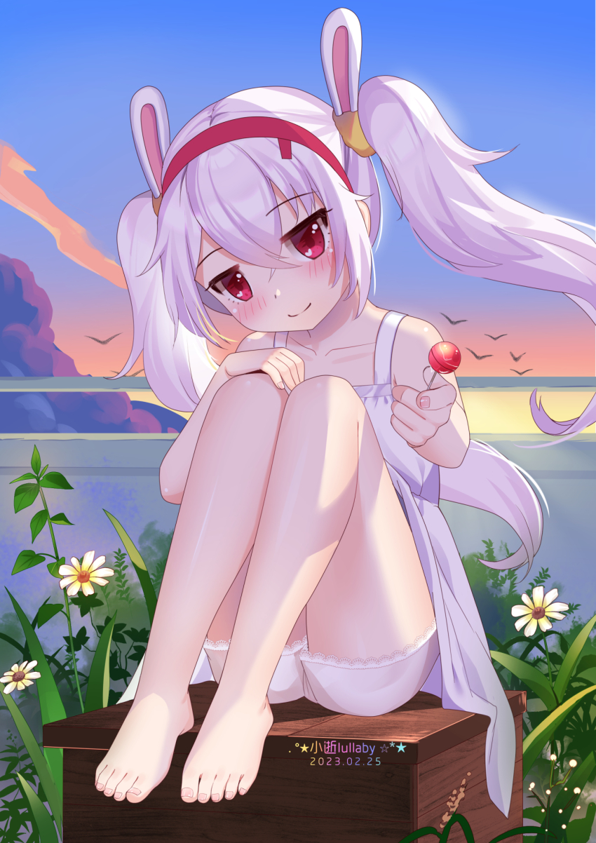 1girl animal_ears artist_name azur_lane bare_legs barefoot box candy chinese_commentary closed_mouth collarbone commentary_request crossed_bangs dated dress evening fake_animal_ears feet food giving giving_food hair_between_eyes head_tilt highres holding holding_candy holding_food holding_lollipop jitome knees_up laffey_(azur_lane) legs legs_together light_purple_hair lollipop long_hair looking_at_viewer no_shoes on_box outdoors rabbit_ears red_eyes sidelocks sitting sitting_on_box sky smile solo sundress sunset thighs toes twintails underwear white_dress wooden_box xiao_shi_lullaby