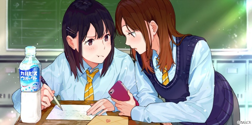 2girls :t black_eyes black_hair blue_shirt bottle brown_hair calpis cellphone chalkboard classroom collared_shirt commentary_request desk envelope hair_ornament hairpin half-closed_eyes holding holding_phone leaning_on_object letter long_hair long_sleeves love_letter medium_hair multiple_girls necktie official_art original paper phone pout school_desk school_uniform shirt smartphone striped_neckwear sweater_vest v-shaped_eyebrows watermark writing yellow_neckwear yuu_(higashi_no_penguin)