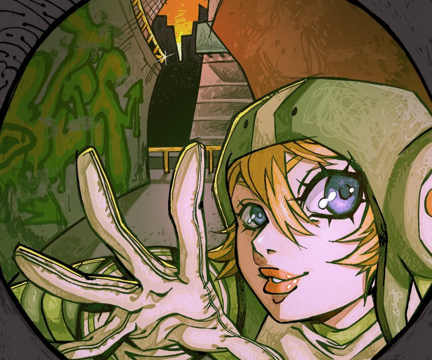 1girl blonde_hair blue_eyes city commentary english_commentary female_focus fisheye graffiti green_helmet gum_(jsr) helmet highres jet_set_radio light_smile logo looking_at_viewer open_hand outdoors parted_lips perspective sega short_hair soggyworms solo striped_clothes striped_sleeves sunset thick_lips upper_body