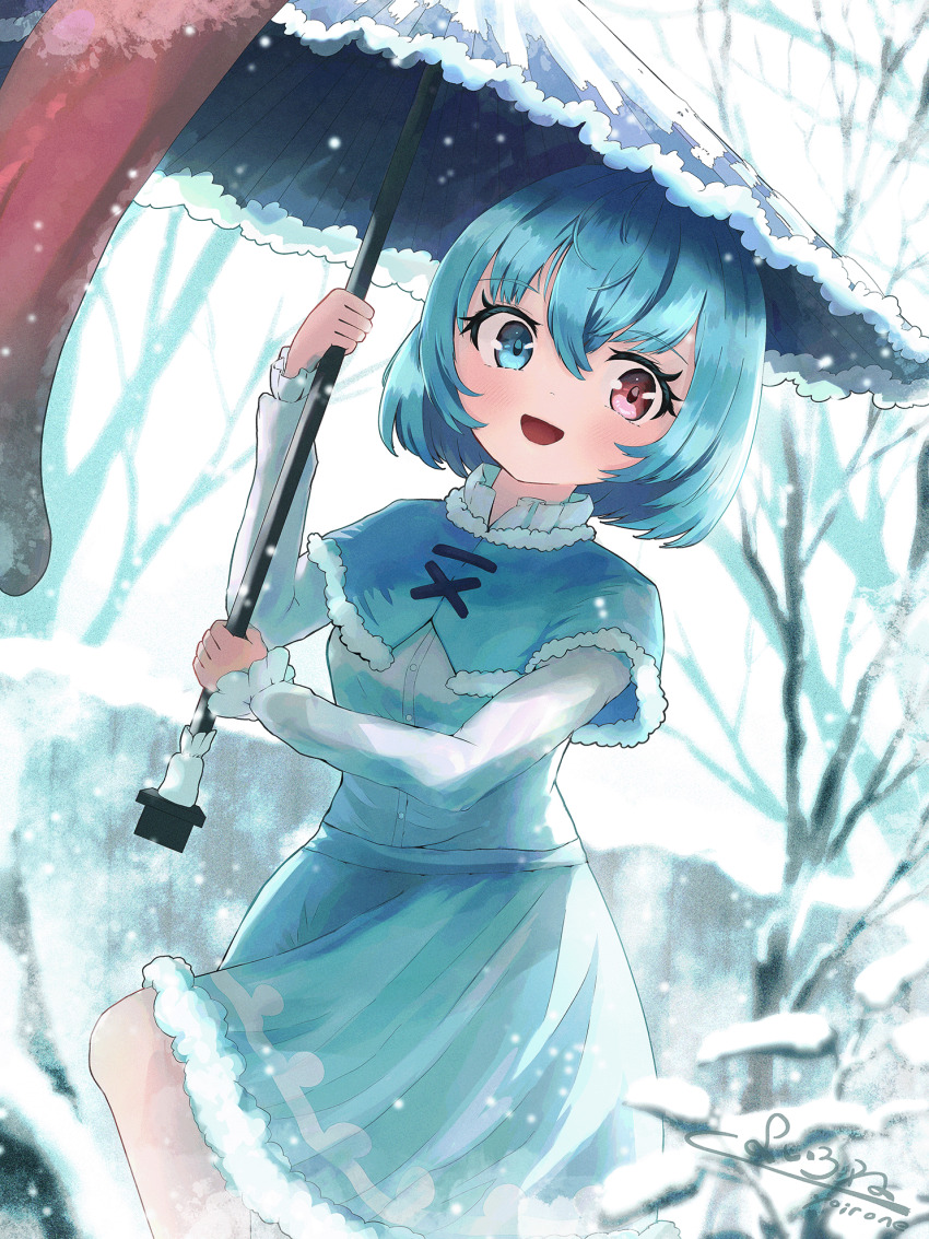1girl :d bare_tree blue_capelet blue_eyes blue_hair blue_skirt blue_vest blush capelet commentary heterochromia highres holding holding_umbrella karakasa_obake open_mouth outdoors red_eyes short_hair short_sleeves skirt smile snow solo tatara_kogasa tongue touhou tree umbrella vest wild_and_horned_hermit winter yoirone