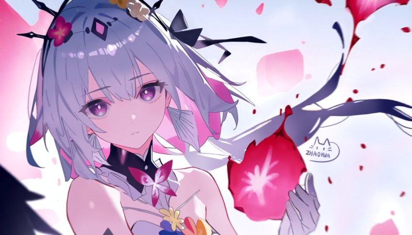 1girl artist_name casting_spell castorice_(honkai:_star_rail) closed_mouth colored_inner_hair commentary_request gloves grey_hair highres honkai:_star_rail honkai_(series) long_hair looking_at_viewer multicolored_hair pink_hair portrait purple_eyes solo white_gloves zhaohua