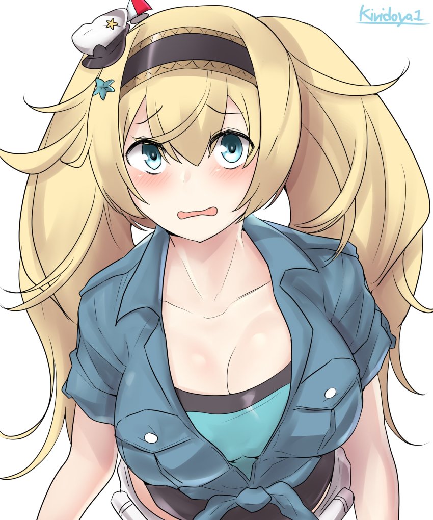 1girl absurdres blonde_hair blue_eyes blue_shirt breast_pocket breasts cleavage collarbone collared_shirt female_focus gambier_bay_(kancolle) gambier_bay_(summer)_(kancolle) hair_ornament hairband highres kantai_collection kiritto large_breasts looking_at_viewer open_clothes open_mouth open_shirt pocket shirt short_sleeves simple_background solo tied_shirt twintails upper_body white_background