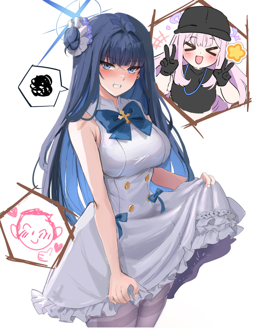&gt;_&lt; 1other 2girls :o ^_^ absurdres black_gloves black_shirt blue_archive blue_eyes blue_hair blush breasts clenched_teeth closed_eyes colored_inner_hair commentary cosplay costume_switch crop_top doodle_sensei_(blue_archive) double_v dress embarrassed gloves hair_bun halo heart highres hinaumma inset large_breasts long_hair looking_at_viewer mika_(blue_archive) mika_(blue_archive)_(cosplay) multicolored_hair multiple_girls pink_hair revision saori_(blue_archive) saori_(blue_archive)_(cosplay) sensei_(blue_archive) shirt single_side_bun sleeveless sleeveless_dress sleeveless_shirt speech_bubble spoken_squiggle squiggle teeth two-tone_hair v very_long_hair white_dress