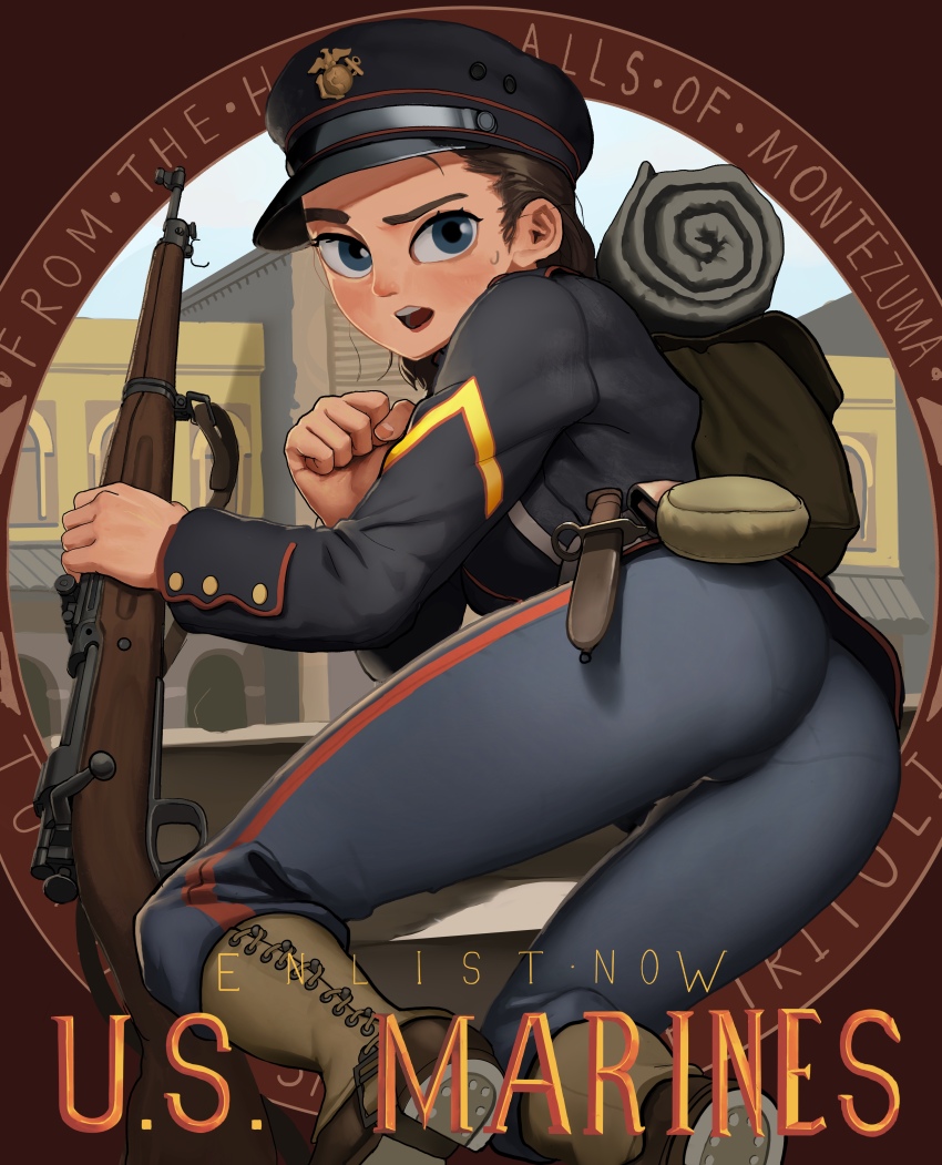 1girl absurdres ass backpack bag bayonet bedroll blue_eyes blush bolt_action boots brown_bag brown_hair canteen full_body gaiters gun gun_sling hair_pulled_back hat hat_ornament highres holding holding_gun holding_weapon insignia jacket knife_sheath load_bearing_equipment long_sleeves looking_at_viewer looking_back m1903_springfield military military_hat military_jacket military_rank_insignia military_uniform open_mouth original pants peaked_cap rifle rifleman1130 sheath soldier solo sweat tight_clothes tight_pants united_states_marine_corps weapon