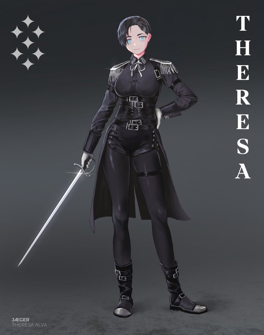 1girl absurdres arm_at_side arm_belt asymmetrical_bangs belt black_belt black_boots black_coat black_corset black_hair black_pantyhose black_shirt black_shorts black_sleeve_cuffs blue_eyes boots breasts buttons character_name chest_harness closed_mouth coat coattails collared_shirt commentary contrapposto corset cross-laced_clothes cross-laced_corset cross-laced_shorts cross-laced_slit dress_shirt english_commentary english_text epaulettes full_body glint gloves hair_ornament hair_over_one_eye hairclip hairpin hand_on_own_hip harness head_tilt high-waist_shorts highres holding holding_sword holding_weapon large_breasts leather_belt leather_shorts long_eyelashes long_legs long_sleeves looking_at_viewer military_rank_insignia military_uniform multiple_hairpins neck_ribbon original pantyhose parted_bangs parted_hair ribbon saber_(weapon) shirt short_hair short_shorts shorts side_slit side_slit_shorts skindentation smile soldier solo standing straight-on sword tailcoat thick_eyelashes thigh_belt thigh_strap thighs too_many too_many_belts underbust vertigris weapon white_gloves white_ribbon wing_collar