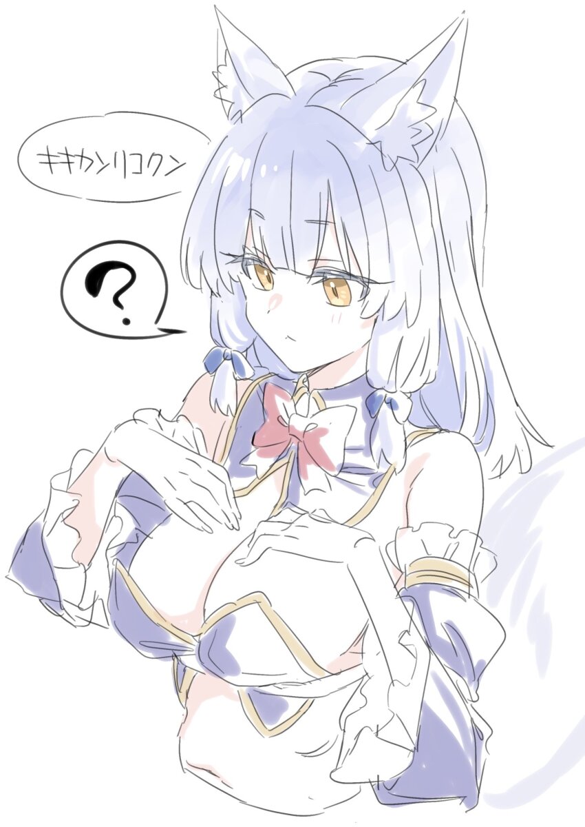 1girl ? animal_ear_fluff animal_ears blue_sleeves bow bowtie breasts cleavage commentary_request cosplay crisis_management_form_(machikado_mazoku) detached_sleeves fox_ears fox_girl grey_hair highres large_breasts machikado_mazoku narumiya_(empty_cafe) navel red_bow red_bowtie riko_(machikado_mazoku) short_hair simple_background solo spoken_question_mark translation_request upper_body white_background yellow_eyes yoshida_yuuko_(machikado_mazoku) yoshida_yuuko_(machikado_mazoku)_(cosplay)