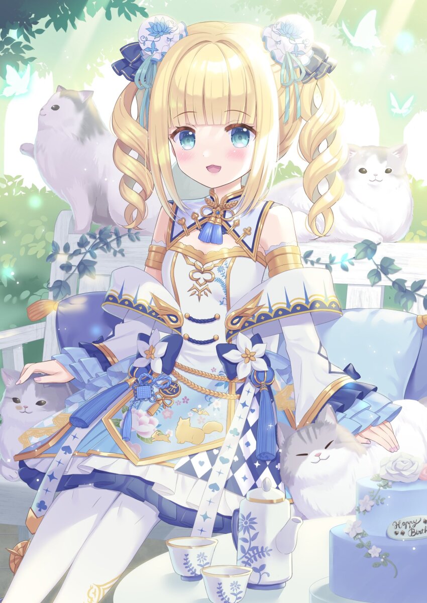 1girl :3 animal_print aqua_eyes aqua_ribbon arms_at_sides bare_shoulders black_bow blonde_hair blunt_bangs blush bow breasts bug butterfly cat cat_print commentary_request cup day detached_sleeves double_bun dress drill_hair eyelashes feet_out_of_frame fence glowing_butterfly grey_cat hair_bow hair_bun hair_ribbon happy_birthday heart highres hoshimame_mana insect long_hair looking_at_viewer mononobe_alice nail_polish neck_tassel nijisanji open_mouth outdoors petticoat petting pink_nails playing_card_theme ribbon sidelighting sitting sleeves_past_wrists small_breasts smile solo sparkle sunlight table tassel teacup teapot twin_drills virtual_youtuber white_cat white_dress wide_sleeves