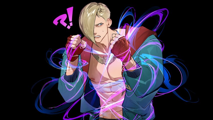 1boy abs absurdres arama_same bare_pectorals black_background blonde_hair blue_eyes blue_jacket clenched_teeth commentary_request cowboy_shot ed_(street_fighter) fingerless_gloves gloves hair_over_one_eye highres hood hood_down hooded_jacket jacket jewelry long_sleeves looking_to_the_side male_focus multicolored_jacket necklace nervous_sweating nipples one_eye_covered open_clothes open_jacket pectorals psycho_power red_gloves red_hood short_hair sideways_glance simple_background solo street_fighter street_fighter_6 sweat teeth toned toned_male two-tone_jacket upper_body