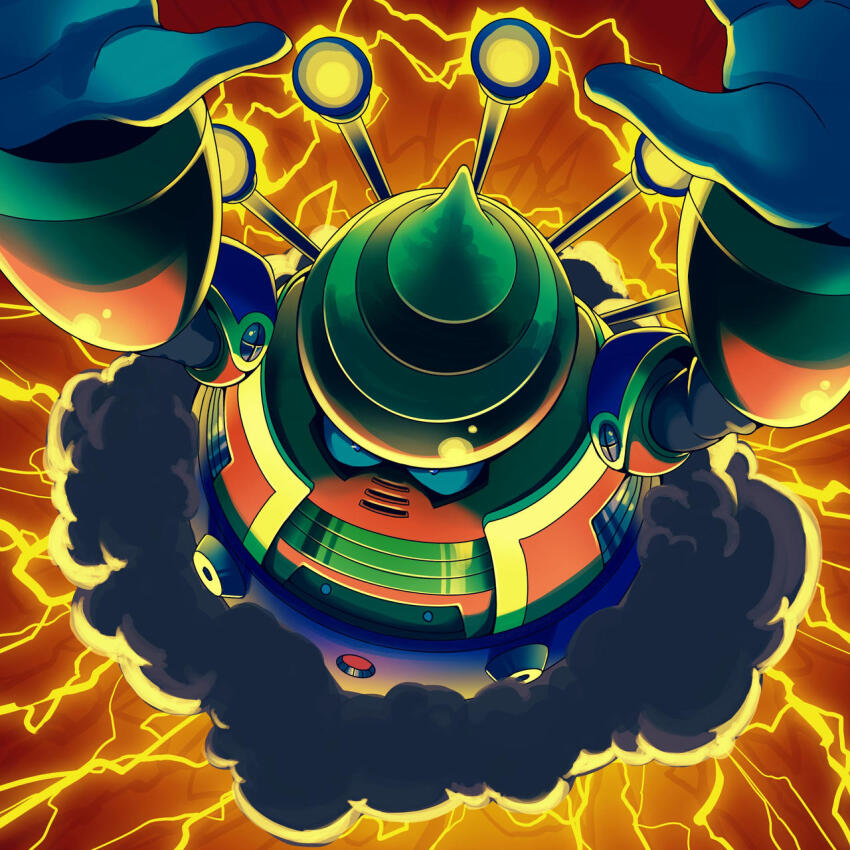 1boy arms_up cloud cloud_man dark_clouds floating full_body highres imbisibol lightning male_focus mega_man_(classic) mega_man_(series) mega_man_7 no_humans no_mouth robot solo