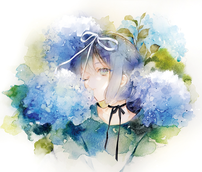 1girl blue_eyes blue_hair bow clip_studio_paint_(medium) cropped_torso flower green_shirt hydrangea looking_at_viewer niwa_haruki one_eye_closed original painting_(medium) petals_in_mouth shirt short_hair sidelocks simple_background traditional_media upper_body watercolor_(medium) white_background white_bow