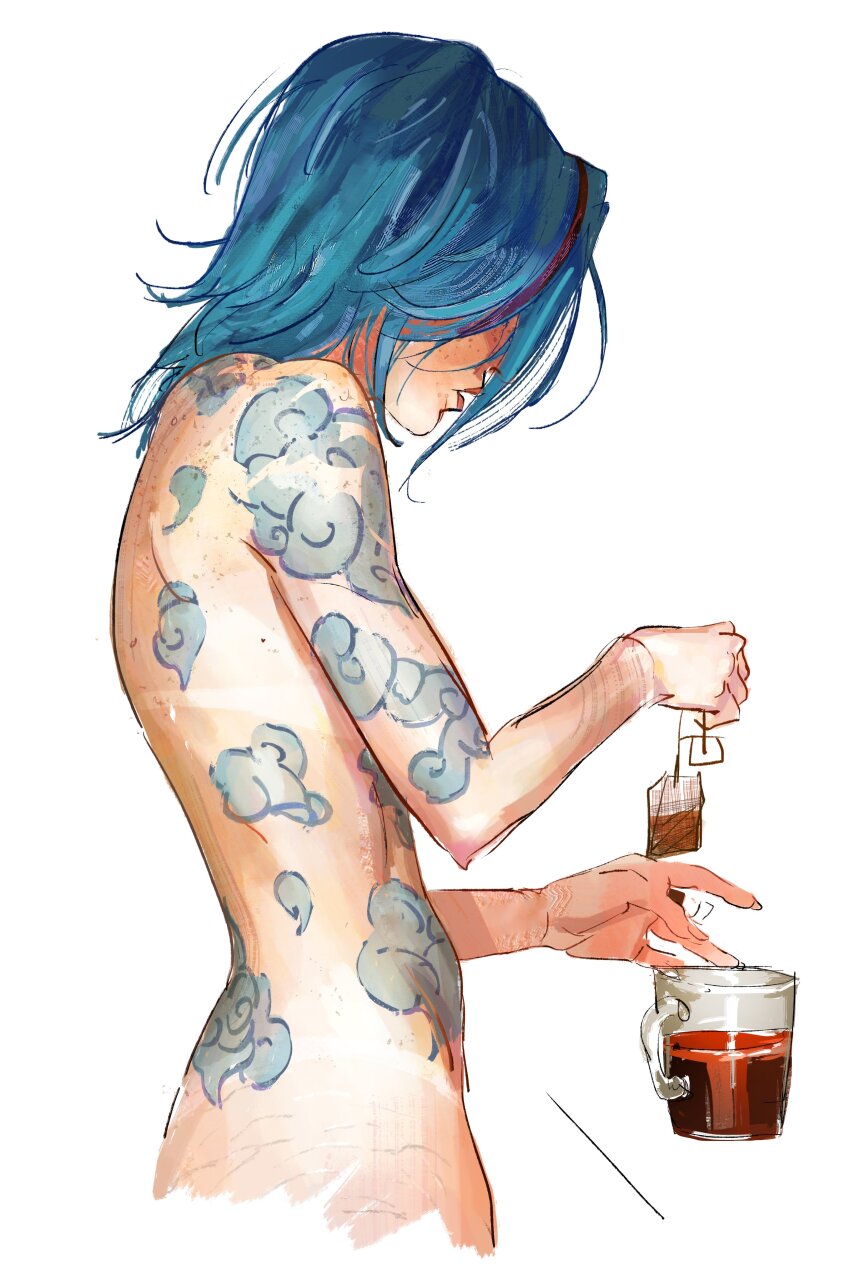 1girl absurdres arcane:_league_of_legends arcane_jinx arm_tattoo backpack bag bare_shoulders blue_hair cropped_legs freckles from_side highres holding jay0ni jinx_(league_of_legends) league_of_legends medium_hair nude parted_lips red_lips simple_background solo stomach_tattoo straight_hair tattoo tea teabag white_background
