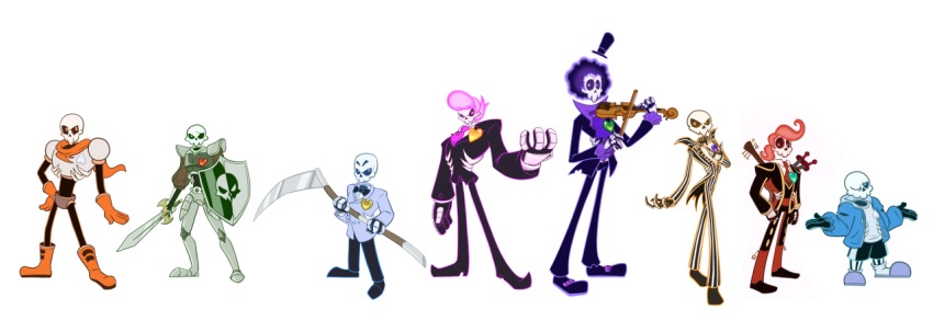 6+boys afro armor atomi-cat black_hair blazer blue_eyes boots bow bowtie brook_(one_piece) clenched_hand coat coattails commentary_request crossover everyone formal_clothes gloves green_eyes grim_fandango guitar hand_on_own_hip hat heart instrument jack_skellington jacket lewis_(mystery_skulls) lineup long_image looking_at_viewer loose_socks male_focus manolo_sanchez manuel_calavera medievil multiple_boys music mystery_skulls necktie one_eye_closed one_piece orange_eyes papyrus_(undertale) parody pink_eyes pink_hair pinstripe_pattern pinstripe_suit playing_instrument ponytail popped_collar purple_eyes purple_hair red_eyes sans_(undertale) scarf scythe shield shorts shrugging simple_background single_eye sir_daniel_fortesque skeleton slippers socks standing striped style_parody suit sword the_book_of_life the_nightmare_before_christmas top_hat undertale uneven_eyes violin weapon white_background wide_image