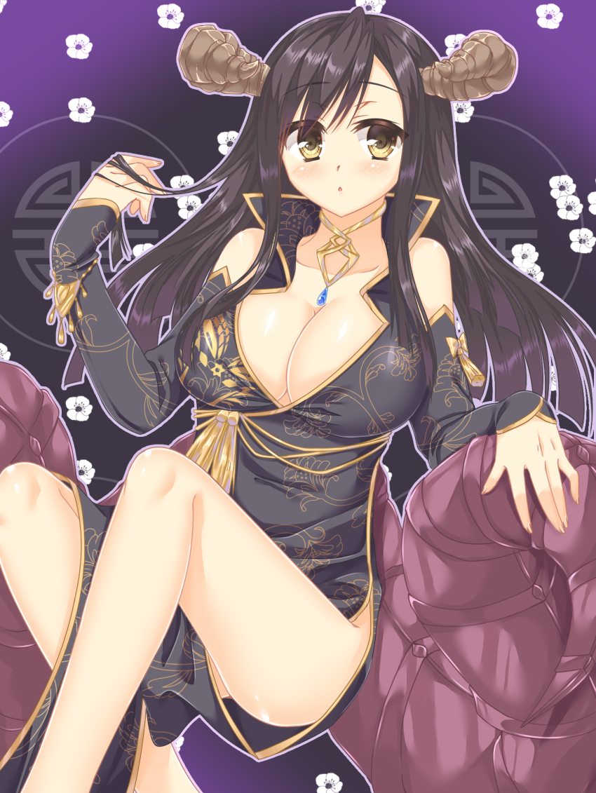 1girl :o alternate_costume bare_shoulders black_dress blush breasts china_dress chinese_clothes cleavage collarbone commentary_request crossed_ankles curved_horns demon_girl demon_horns detached_sleeves dress eyes_visible_through_hair feet_out_of_frame floral_print floral_print_dress fuyukichi_(nikoniko1567) hair_between_eyes hand_up highres horns jewelry knees_up large_breasts long_hair looking_at_viewer making-of_available necklace open_mouth outline pelvic_curtain playing_with_own_hair print_dress print_sleeves purple_background purple_outline sanoba_witch simple_background sitting sleeveless sleeveless_dress sleeves_past_wrists solo tassel togakushi_touko yellow_eyes