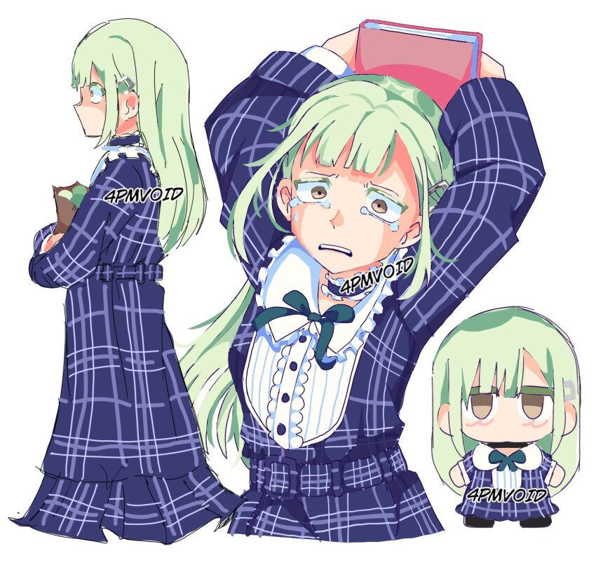 1girl 4pmvoid artist_name bag bang_dream! bang_dream!_it&#039;s_mygo!!!!! blue_dress book commentary cucumber dress english_commentary fumo_(doll) green_hair hair_ornament hairclip highres holding holding_bag holding_book long_hair long_sleeves multiple_views parted_lips plaid_clothes plaid_dress simple_background tears wakaba_mutsumi white_background yellow_eyes