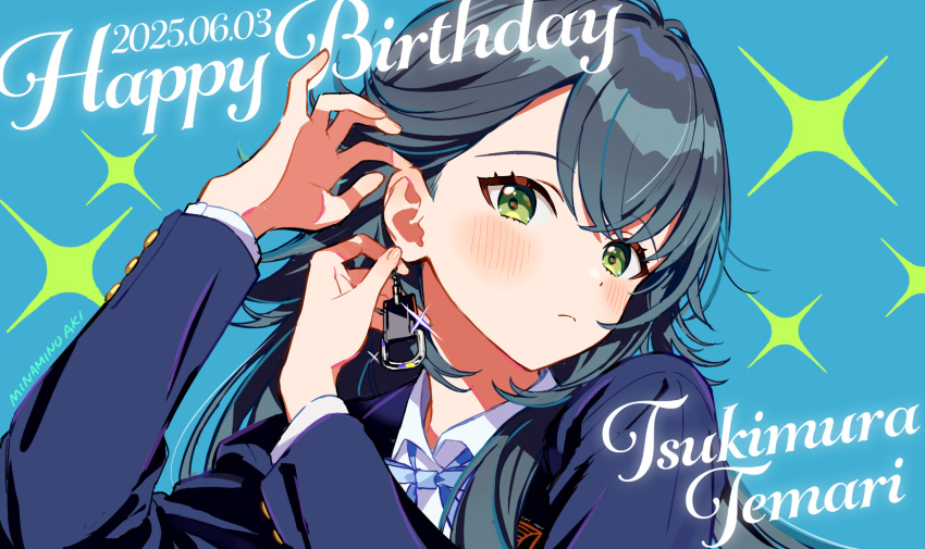 1girl blue_coat blue_dress coat dress gakuen_idolmaster green_eyes green_hair happy_birthday highres idolmaster long_hair official_art shirt tsukimura_temari white_shirt