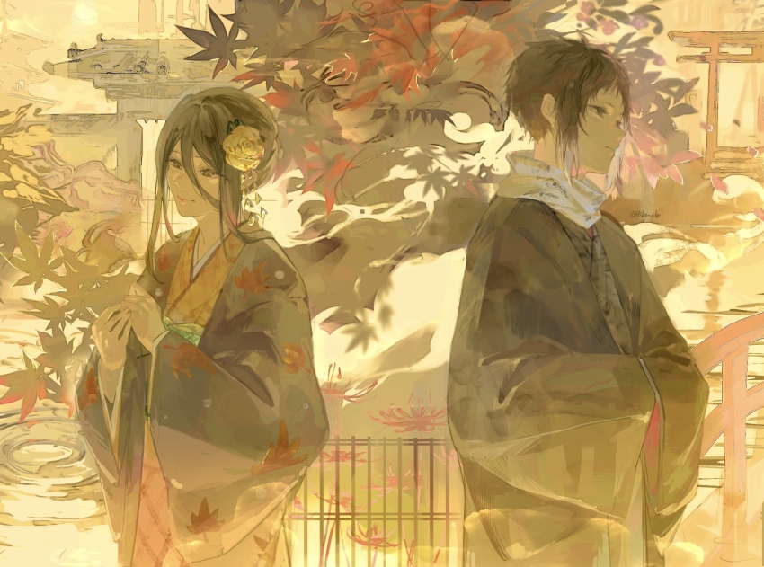 1boy 1girl akutagawa_gin akutagawa_ryuunosuke_(bungou_stray_dogs) architecture black_hair black_kimono brother_and_sister bungou_stray_dogs colored_tips commentary_request cowboy_shot east_asian_architecture flower hair_between_eyes hair_flower hair_ornament hiba_riko highres japanese_clothes kimono leaf leaf_print long_hair_between_eyes looking_to_the_side maple_leaf maple_leaf_print multicolored_hair outdoors own_hands_together print_kimono siblings spider_lily twitter_username two-tone_hair white_hair yellow_flower