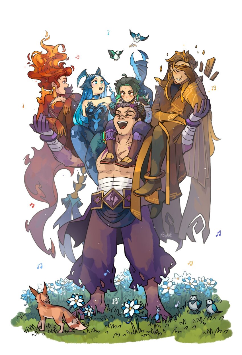 2girls 3boys ahoge animal arm_wrap artist_name bandaged_arm bandaged_hand bandages bead_necklace beads bird blue_horns blush bonanus_(genshin_impact) bosacius_(genshin_impact) breasts brown_hair closed_eyes closed_mouth facial_mark fiery_hair flower forehead_mark genshin_impact glaze_lily grass green_hair highres hikimayu horns indarias_(genshin_impact) jewelry long_hair medium_breasts megane98 menogias_(genshin_impact) multicolored_hair multiple_boys multiple_girls musical_note necklace open_mouth red_hair sarashi scar scar_on_face scar_on_nose shell_hair_ornament simple_background sitting sitting_on_person smile teeth torn_clothes upper_teeth_only wavy_mouth wrist_wrap xiao_(genshin_impact) yellow_eyes