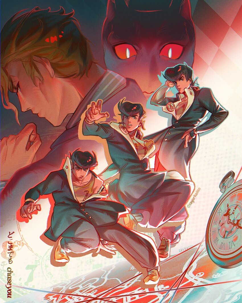 1other 2boys black_hair blonde_hair brooch collared_shirt colored_sclera commentary diamond_wa_kudakenai gakuran heart heart_brooch higashikata_josuke highres jewelry jojo_no_kimyou_na_bouken killer_queen kira_yoshikage multiple_boys multiple_views peace_symbol pompadour red_sclera sayurkailen school_uniform shirt shoes stand_(jojo) striped_clothes striped_shirt watch